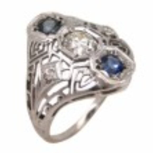 14K Lady's Art Deco Filigree Old European Diamond & Sapphire Engagement Ring - Picture 2 of 3